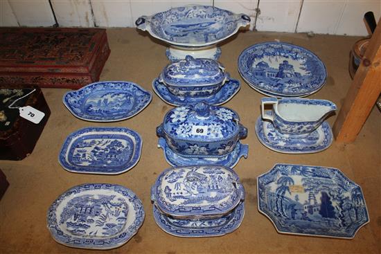 Quantity 19C blue & white transfer-printed wares, inc plates, footed dish, sauce tureens, stands, etc (faults)